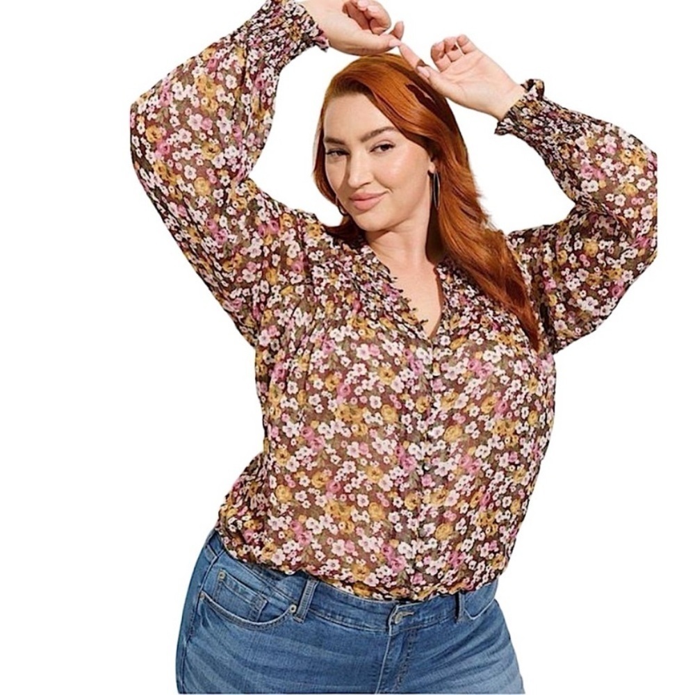 Torrid Crinkle Chiffon Smocked Floral Blouson Sleeve Blouse Size 2X Peasant Top